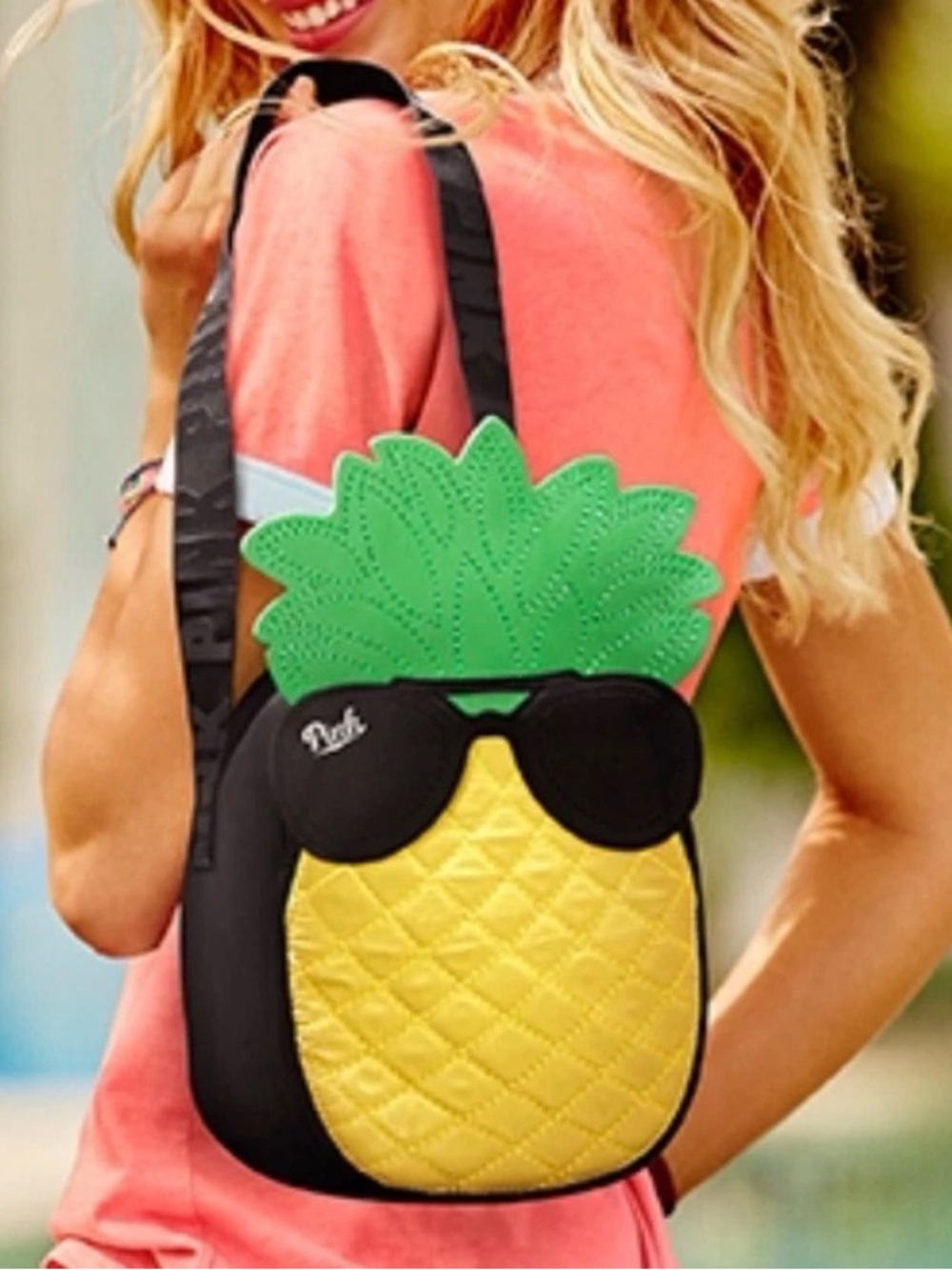PINK VS Pineapple Crossbody Bag COOLER with Sunglasses Detail - Yellow Green